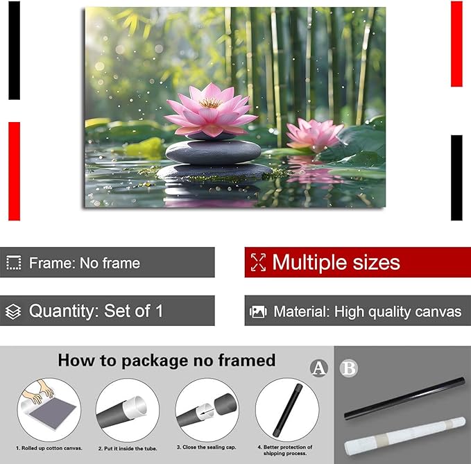 Ethereal pink lotus on obsidian Sunlit bamboo forest with sparkling water drops Poetic nature inspired wall art for tranquil homes and mindful spaces 24x36in Frameless