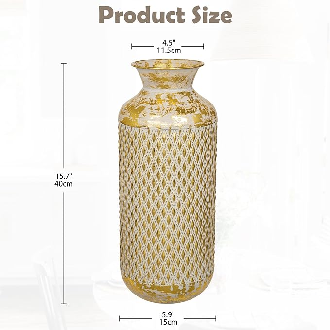 Flower Vase Rustic Metal Vases, 16" Gold Vintage Pattern Vase for Farmhouse Home Décor Artificial Flowers and Centerpieces