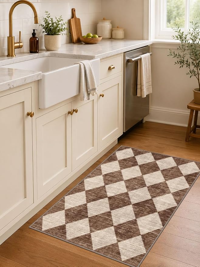 Checkered Entryway Rug - 28" x 43" Small Front Door Mat Indoor Outside Entrance Non-Slip Washable Outdoor Mat Rustic Brown Beige Modern Farmhouse Rug for Entryway Kitchen Bedroom Porch Decor