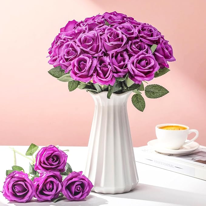 30 Pcs Rose Artificial Flowers in Bulk Real Touch Long Stem Silk Roses Bouquets Realistic Faux Flowers for Wedding Bridal Shower Home Decor Floral Arrangements Table Centerpiece(Purple)