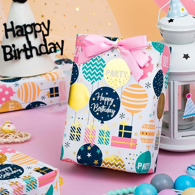 Homeral Birthday Wrapping Paper Roll - Cute Colorful Balloon with Gold Foil Metallic Shine Gift Wrap Paper for Birthday, Baby Shower, Party - Mini Roll - 17 Inch x 33 Feet