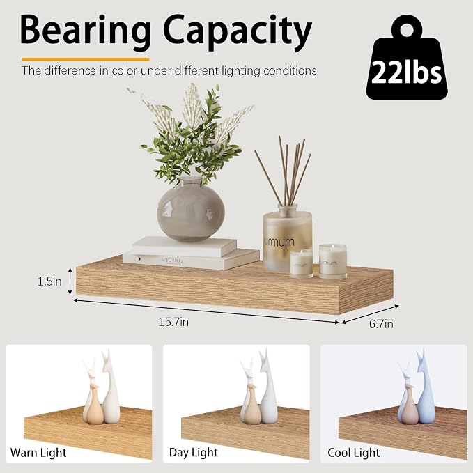 Oak Floating Shelves Wood for Wall 15.7in Wall Mounted Display Ledge Shelves Perfect for Bedroom, Bathroom, Living Room and Kitchen Decoration Storage (Set of 2)