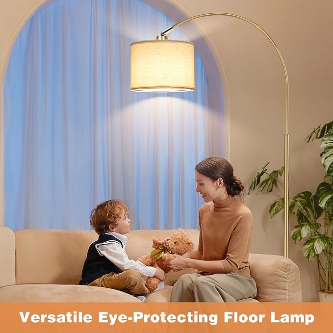 Ambimall Dimmable Arc Floor Lamp with Remote, Color Temperatures and Brightness Adjustable, Arched Floor Lamp with Rotating Head, Over Couch Arched Reading Light for Living Room (Marble Base)