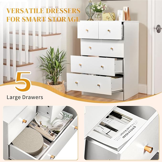 Karl home White 5 Drawer Dresser for Bedroom, Tall Dresser Chest of Drawers, Rustic Wood Bedroom Dressers Clothes Organizer, Anti-Tipping Device, Rose Gold Metal Handle, Living Room, Entryway, Office