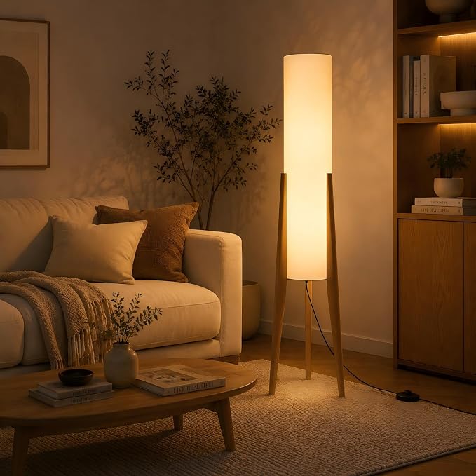 BOFEA-50 Floor Lamps for Living Room,Nordic Modern Floor Lamp,Tall Standing Boho Lamp with Fabric Shade,3 Color Art Standing Lamps,Farmhouse Wood Floor Lamp for Bedroom Office Corner