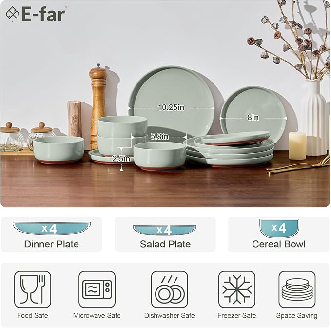 E-far 12-Piece Stoneware Dinnerware Sets, Plates and Bowls Sets for 4, Ceramic Dishware Dishes Set with Terracotta Base, Chip & Scratch Resistant, Microwave & Dishwasher Safe, Speckled Green