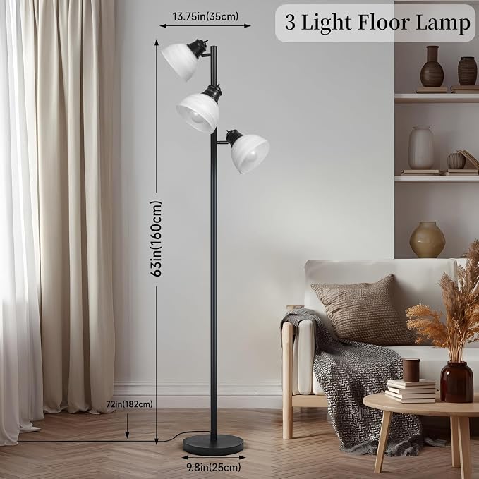 3 Light Tree Floor Lamp with Glass Shades, 3 Bulbs Included, Adjustable Black Industrial Standing Lamp for Living Room, Bedroom, Office, E26, Weighted Base
