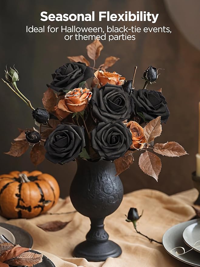 InnoGear Artificial Flowers, 50 Pcs Black Foam Fake Roses Bulk with Stems for Decoration DIY Wedding Bouquets Centerpieces Bridal Shower Party Valentines Christmas Tree