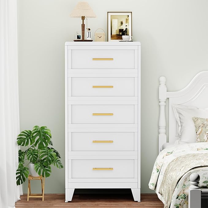 5 Drawers White Dresser for Bedroom, 53.46" Tall Metal Dressers & Chests of Drawers Curved Corner Design, Storage Organizer Drawer Chest with Large Capacity for Living Room, Entryway, Hallway