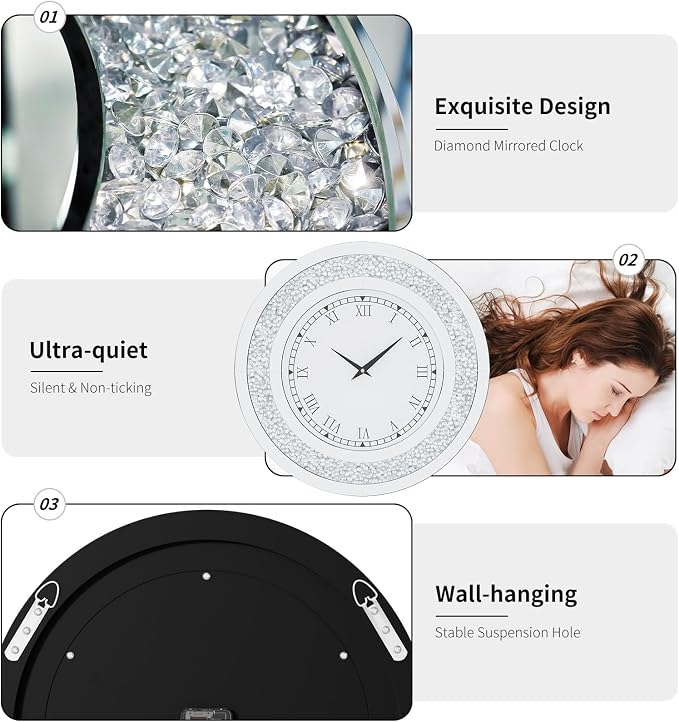 Crushed Diamond Wall Clock Round Decorative Mirrored Clock 32 inch Silver
