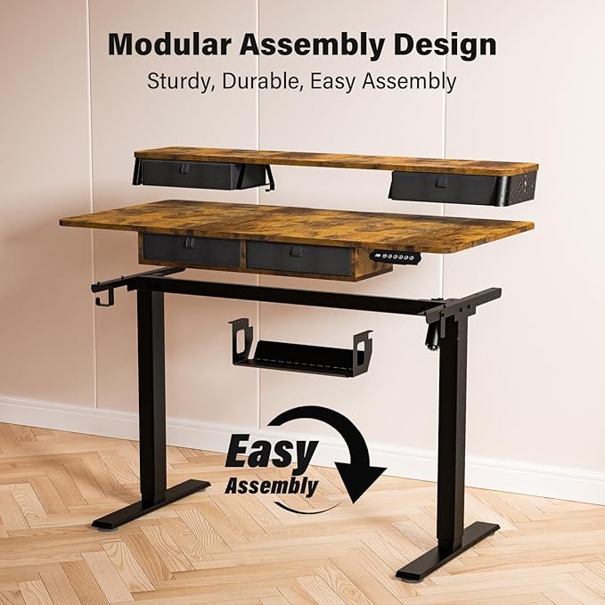 Electric Standing Desk with 4 Drawers 40''x 24'' Small Adjustable Height Sit to Stand Up Desk with Storage Shelf, C-Clamp Mount Compatible Black Home Office Desks Computer Desk Ergonomic Workstation
