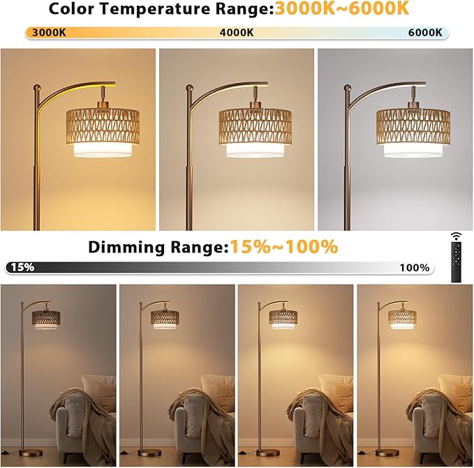 Ambimall Arc Floor Lamp for Living Room with Remote, Color Temperature & Brightness Adjustable, Boho Standing Lamp with Rattan & Fabric Double Drum Shades, Bulb Included(Brown)