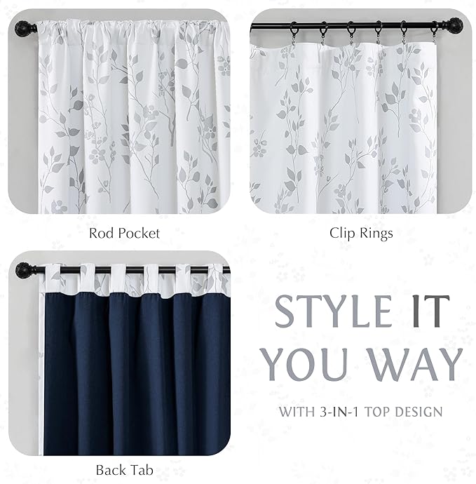 Beauoop Floral 100% Blackout Curtains 63 Inch Length 2 Panels for Bedroom Living Room Grey White Flower Patterned Room Darkening Thermal Insulated Soundproof Rod Pocket Back Tab Window Drapes, 52X63