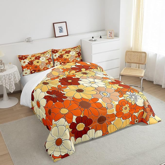 Bohemian Flowers Bedding Set King Size,70s Vintage Floral Comforter Set Room Decor for Couple,Hippie Retro Groovy Botanical Microfiber Down Comforter,2 Pillowcases