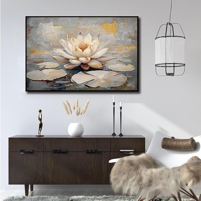 Ethereal white lotus floating on Crystal Waters poster vintage oil painting printwall art soft blush and gold accents serene home and office decor dreamy 24x36in Metal blackFramed