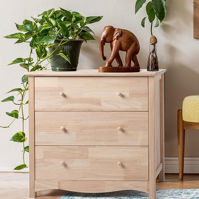 VINGLI Unfinished Solid Wood Dresser Color DIY, 3 Drawer Dresser for Bedroom, Natural Rubber Wood Chest of Drawers, Baby Dressers for Bedroom, Nursery, 17.7" D x 31.5" W x 29.9" H
