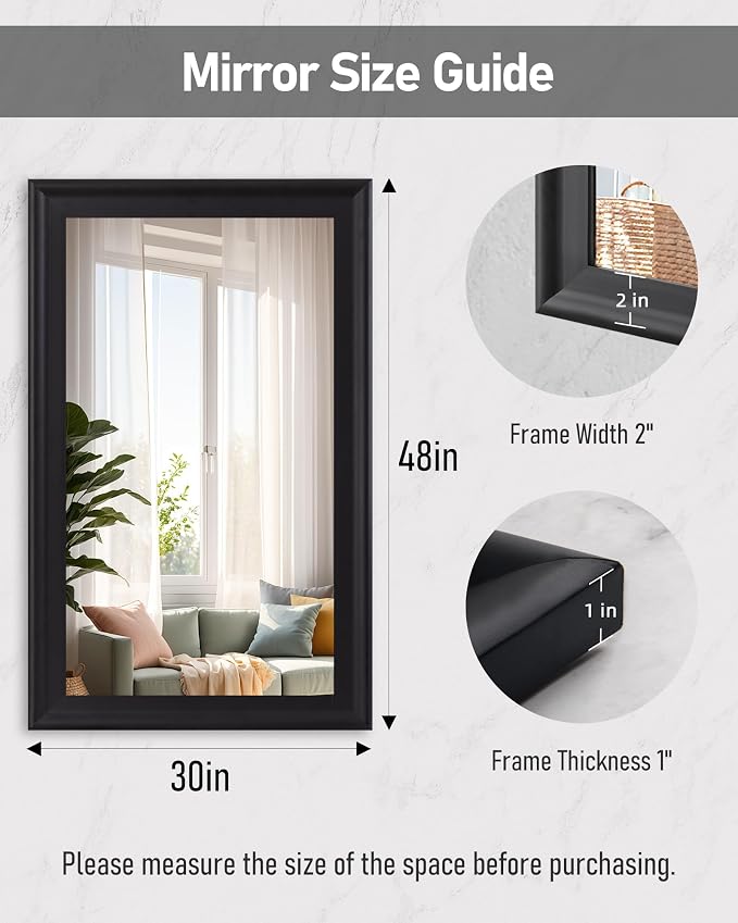 CULER Black Wood Wall Mirror for Bathroom,Rectangle Rustic Large 30 x 48 inch Hanging Vanity Mirrors with Wooden Frame for Living Room,Bedroom,Entryway