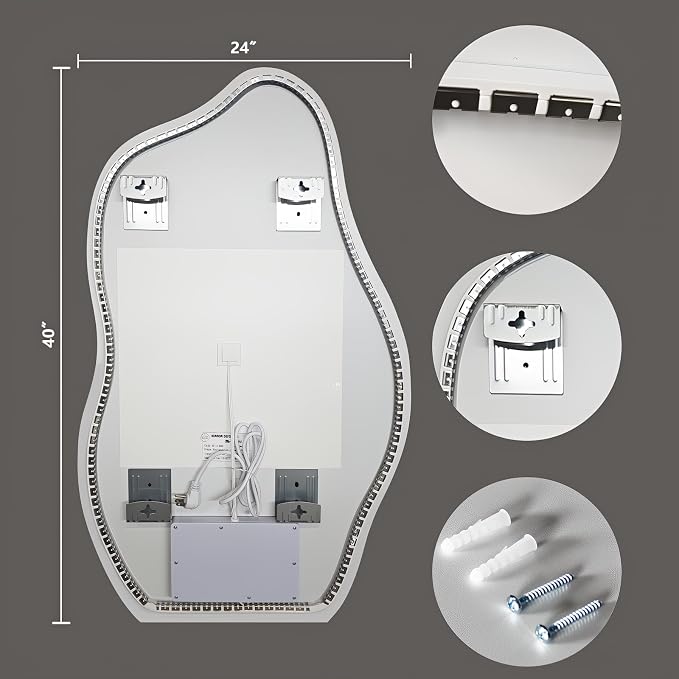 Niccy Irregular LED Bathroom Mirror, 24"x40" Asymmetrical Backlit Vanity Wall Mirrors, Frameless Lighted Mirrors for Bedroom, Living Room, Modern Smart-Mirror with Anti-Fog, Dimmable, Memory Function