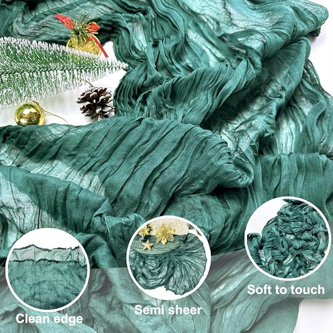 Booque Valley Christmas Table Runner 3 Pack Green Cheesecloth 10ft Soft Boho Wrinkled Decorative Gauze Sheer for Holiday Party Baptism Wedding Centerpiece Table Decor, 35x120 Inch
