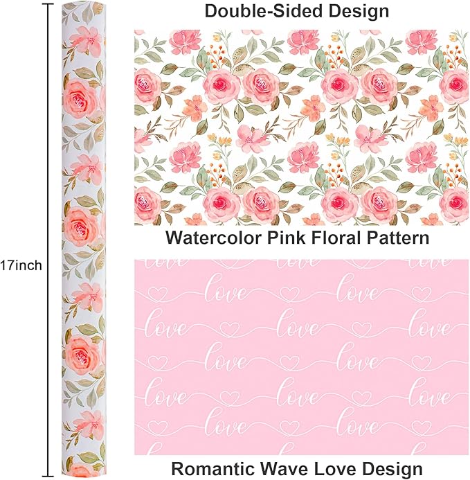 Yarcony Pink Floral Wrapping Paper Roll, Reversible Wedding Wrapping Paper, Watercolor Rose Print Flower Gift Wrap for Birthday, Valentine's Day,Mother's Day,Birdal Shower,Engagement(17Inch x 16.5Ft)