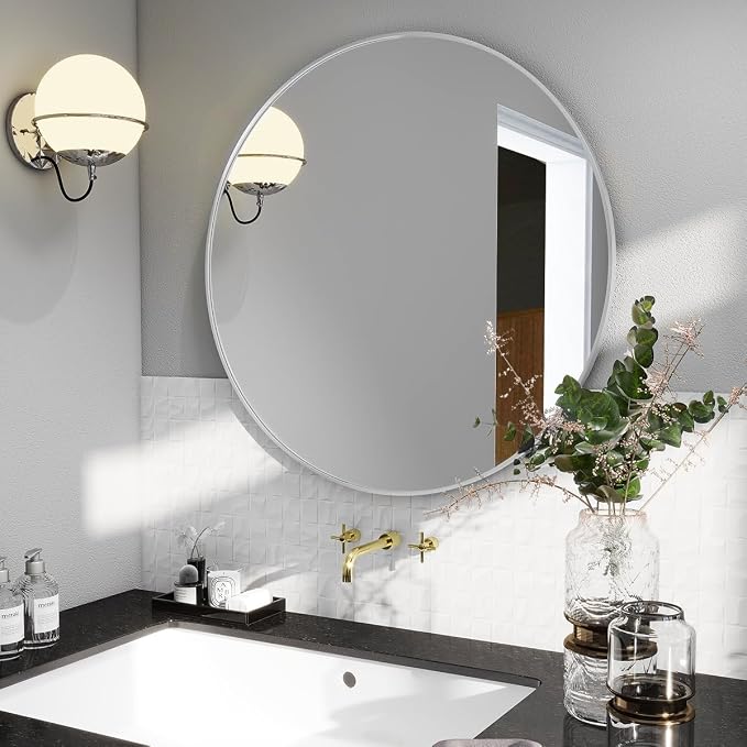 BEAUTYPEAK 20 Inch Round Mirror, Metal Frame Circle Mirror, Wall Mounted for Entryway, Bathroom, Vanity, Living Room, White