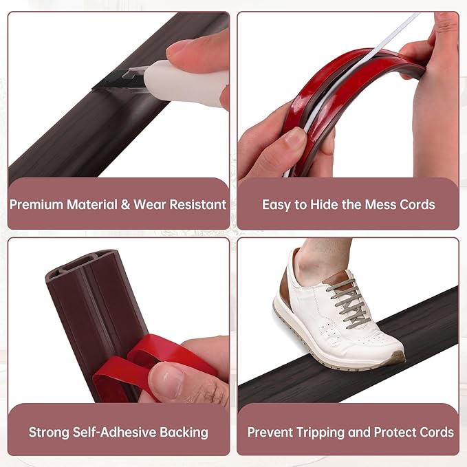 Floor Cord Cover Self Adhesive Cord Hider Floor Extension Cord Covers for Floor Power Cord Protector Cable Management Prevent Cable Trips Cable Cavity 0.47" W x 0.27" H (Dark Walnut, 20Ft)