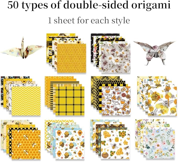 Square Origami Paper 6x6 Double Sided 50 Sheets 50 Colors 70GSM Origami Kit Japanese Chiyo Easy Fold Arts Crafts DIY Handwork Bee