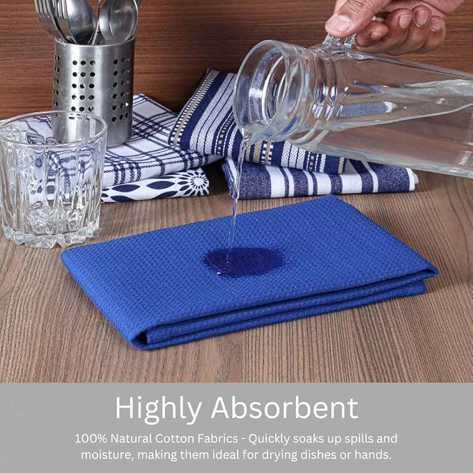 Assorted Kitchen Towels Set of 5-100% Cotton Dish Cloths Towels with Hanging Loop - Soft, Absorbent & Washable for Kitchen Use - Quick Drying Dish Towels 16x26 Inch Blue