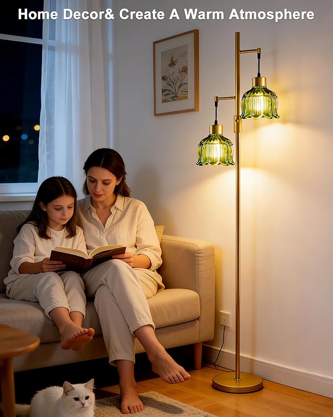 Lightdot 2- Light Gold Flower Floor Lamp, 65IN Green Glass Floor Lamps with 3000K Warm White Bulbs, Modern Standing Tall Lamp with 5Lbs Heavy Base for Living Room Bedroom Home Office Sofa Beside