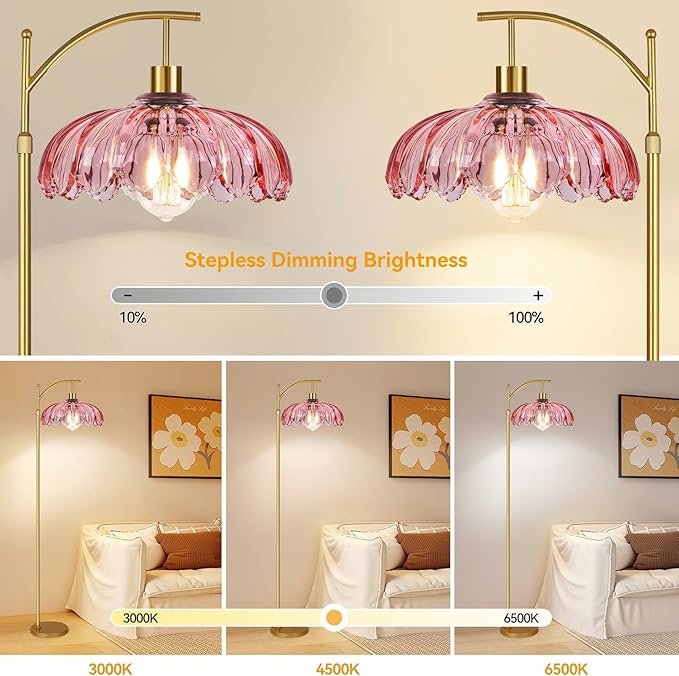 QIYIZM Pink Floor Lamp for Living Room,Bedroom,Gold Dimmable Standing Lamp with Remote,Mid Century Modern Brass Tall Lamp Boho Floor Lamps Arc Stained Glass Flower Floor Light Lamp Girls kids Bohemian