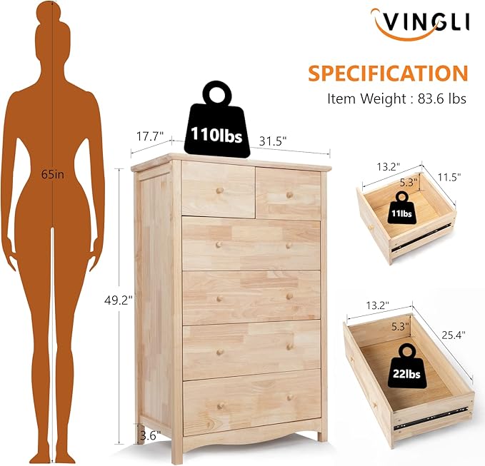 VINGLI Unfinished 6 Drawer Dresser, Natural Solid Wood Dresser Color DIY, Upgraged Rustic Farmhouse Tall Dresser with Spacious Storage Chests of Drawers with Full Extension Drawer Slides