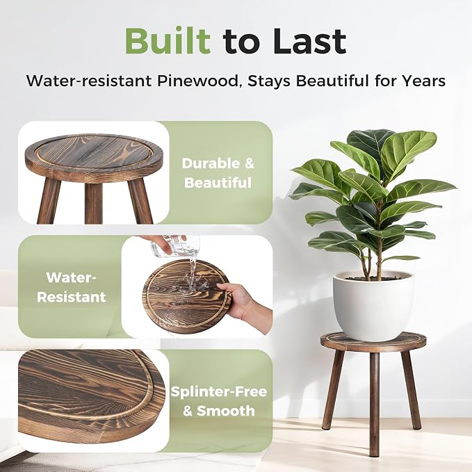 3-Pack Upgrade Thicken Wood Plant Stand Indoor, for 6-12 Inch Pots, Plant Stool Water-resistant Pinewood, Mid Century Modern Decor, Plant Stand 3 Sizes, for Living Room, Balcony, Office(Dark Brown)