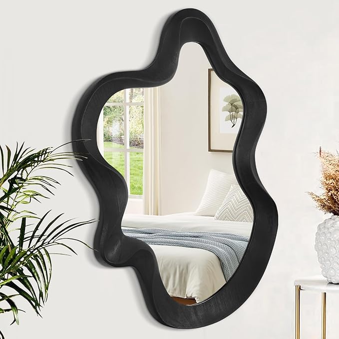 Large Irregular Wavy Mirror Modern Cloud Wall Mirror Asymmetrical Wooden Framed Wall Mirror Wall Mounted Unique Shape Vanity Artistic Mirror Decor for Bedroom Living Room Bathroom Entryway
