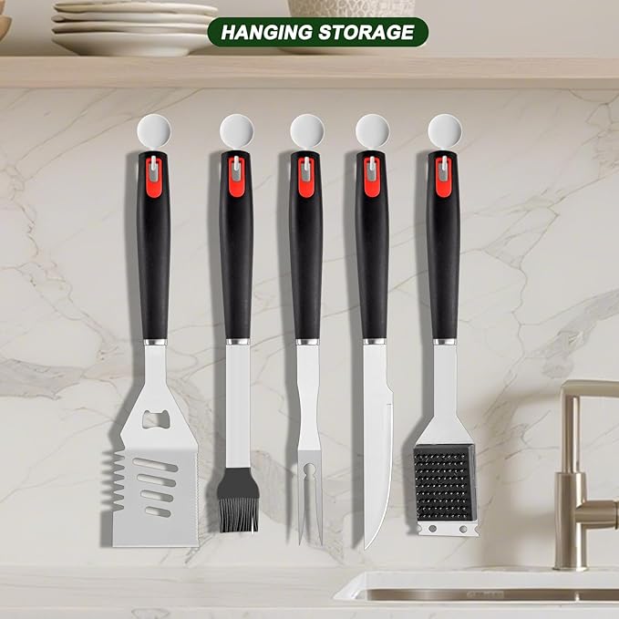 YJHOLE Grilling Accessories Set Spatula Fork Cleaning Brush Food Tongs Carving Knife Basting Brush Durable Stainless Steel BBQ Grill Tools with Extra Thick Storage Case BBQ Accessories Grill Set