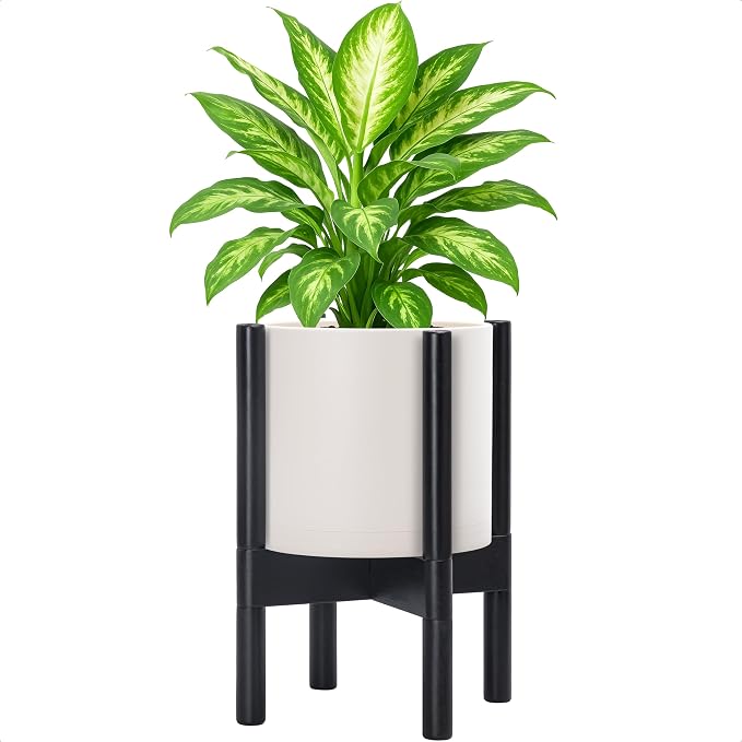 D'vine Dev Planter Pot with Stand - 8 Inch Plastic Cylinder Flower Pot with Wood Planter Holder for Indoor, Oatmeal Pot + Ebony Stand, 55-C-K-4