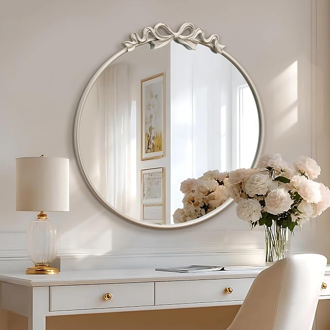 Besdomus Antique Large Wall Mirror: 27" Champagne Silver Bow Vintage Wall Mounted Mirror - Baroque Traditional Ornate for Fireplace/Bathroom/Living Room - Home Decor for Fashion-Conscious