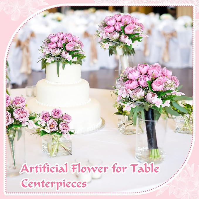 Olgaa 12 Bundles Peonies Artificial Flowers Fake Peony Bouquet Faux Peonies Flowers Bulk with Stems Flower Balls for Centerpiece Table Decorations Wedding Bridal Floral Arrangement (Purple Pink)