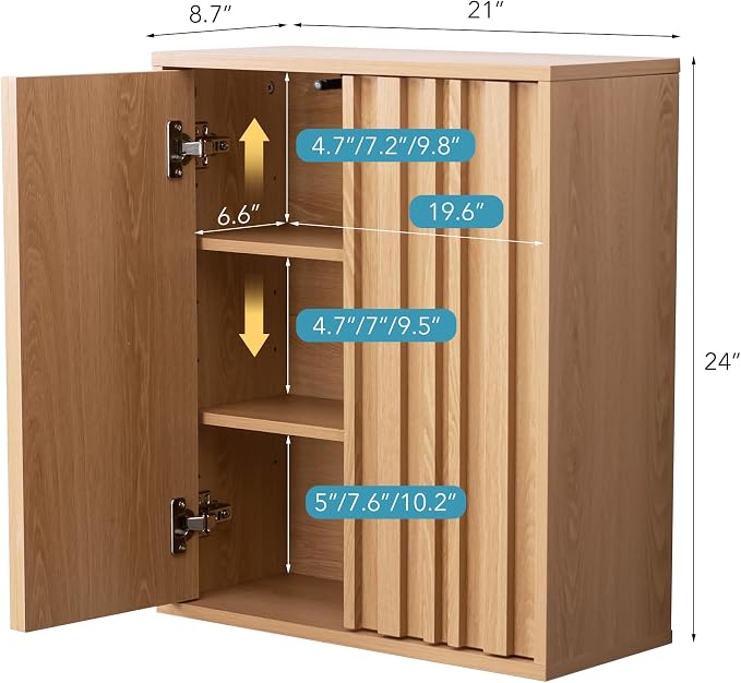VANIRROR Fluted Bathroom Wall Cabinet Over Toilet, 15mm Thick Moisture-Resistant Wood Hanging Storage with Push-to-Open Doors, Japandi Floating Medicine Cabinet for Half Bath & Kitchen, Natural Oak