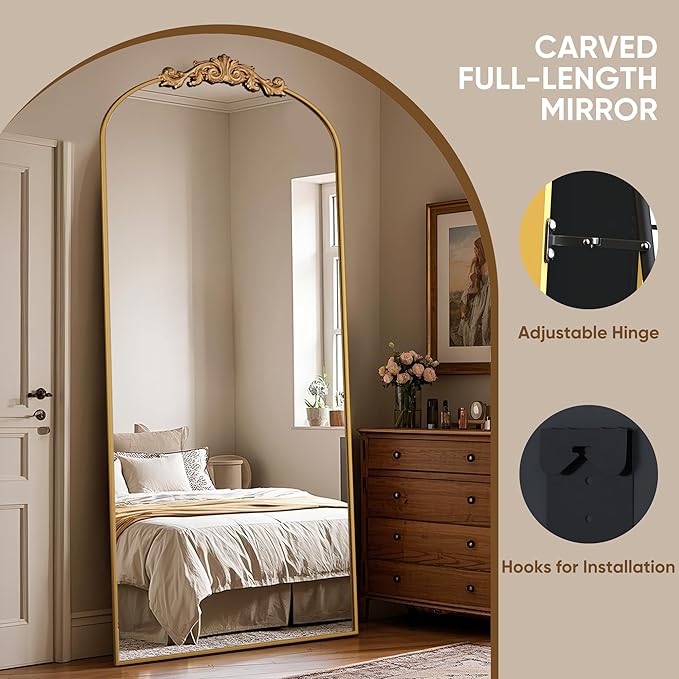 Antok Arched Full Length Mirror, 78"x38" Floor Mirror with Carved, Full Body Mirrors for HomeDecor, Standing/Halling Large Wall Mirror for Bedroom, Living Room, Cloakroom, Gold, Retro Style