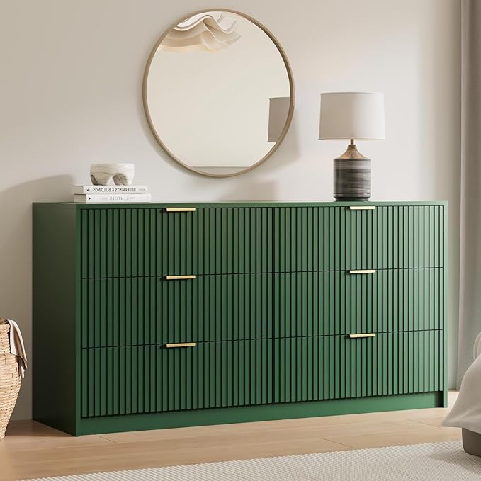 3-Piece Dresser Bedroom Set, 6 Drawer Dresser & 3 Drawer Nightstands with Gold Handles, Fluted Wood Chest of Drawers for Bedroom, Living Room, Entryway, Green