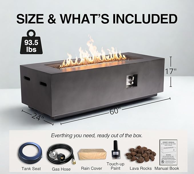 HillAethel 60-Inch Rectangular Propane Fire Pit Table, 60,000 BTU Concrete Outdoor Gas Fire Pit Table with Waterproof Cover, Tank Seat, Free Lava Rocks, for Outside Patio Backyard, Dark Grey
