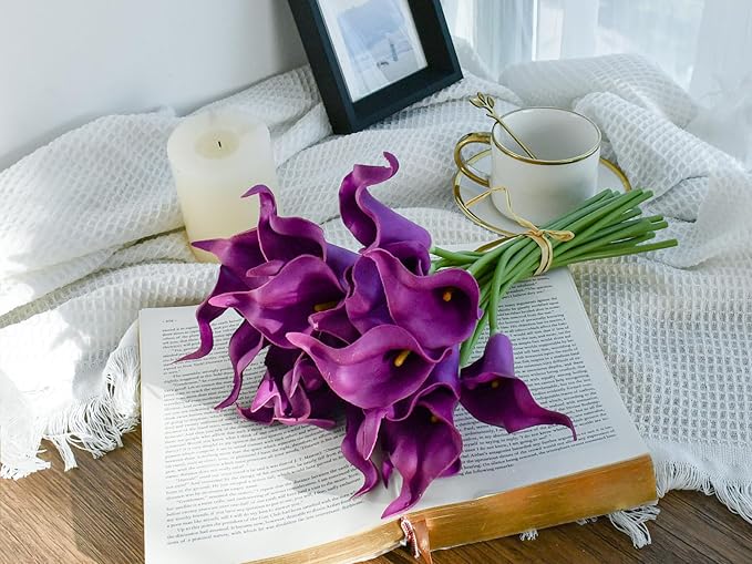Mandy's PU Grape Purple Calla Lily Artificial Flowers 20 Stems 13.5in Faux Realistic Centerpiece for Thanksgiving and Christmas Decorations DIY Bridal Bouquet Home Décor
