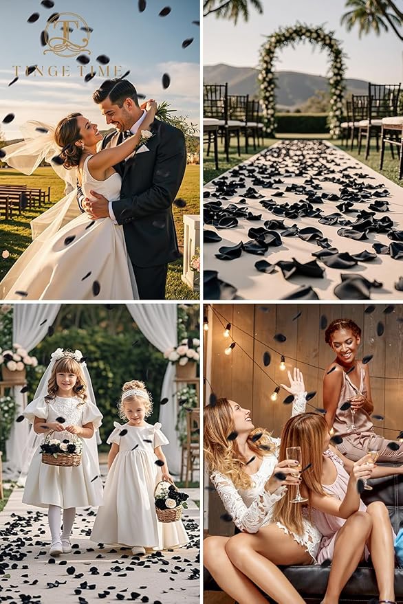TINGE TIME 200pcs Rose Petals and Fake Roses Artificial Flowers for Wedding Decor, Bridal Shower, Party Decoration - Silk Flower Petals Bulk Pack (Black)