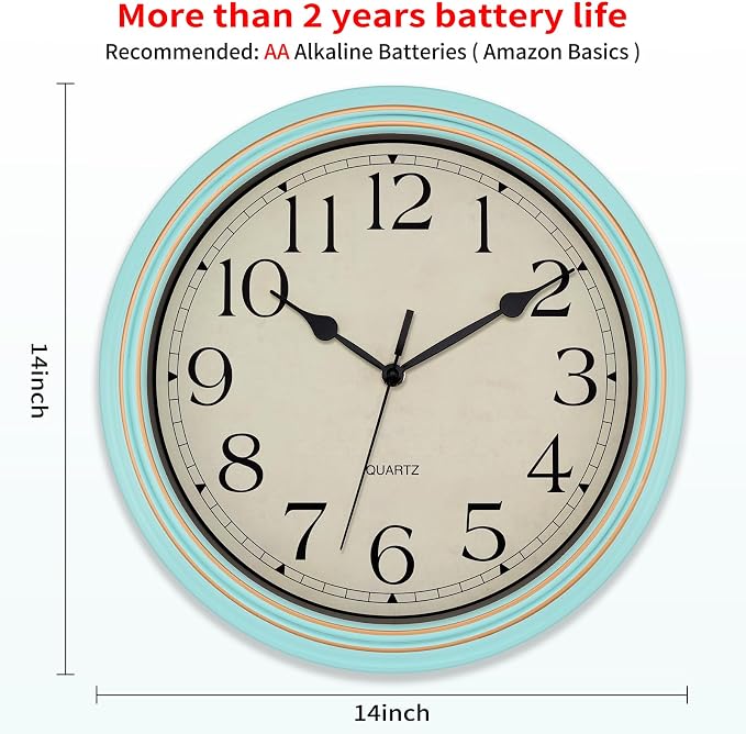 Foxtop 14 Inch Wall Clock Battery Operated Silent Non-Ticking Round Classic Vintage Retro Wall Clock Decorative for Living Room Kitchen Home Office (Light Turquoise)
