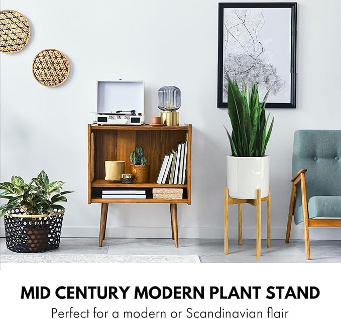 Fox & Fern Adjustable Tall Plant Stand Indoor — 8 to 12 Inch Mid Century Bamboo Plant Stand with Adjustable Width - Plug In Design - Easy to Assemble - Two Heights - For 8, 9, 10, 11 & 12 In Pots