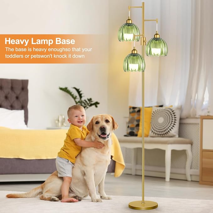 ZECOXOL Dimmable Floor Lamps for Living Room-3 Light Gold Floor Lamp with Three Bulbs & Glass Lampshape, Mid Century Modern Standing Lamp Tree Tall Flower Floor Lamp for Bedroom Living Room,Corner