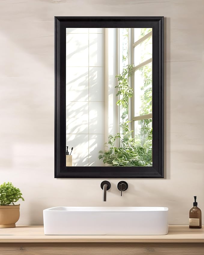 CULER Black Wall Mirror for Bathroom,Rectangle Rustic 24 x 36 inch Hanging VanityMirrors with Wood Grain Pattern for Living Room,Bedroom,Entryway