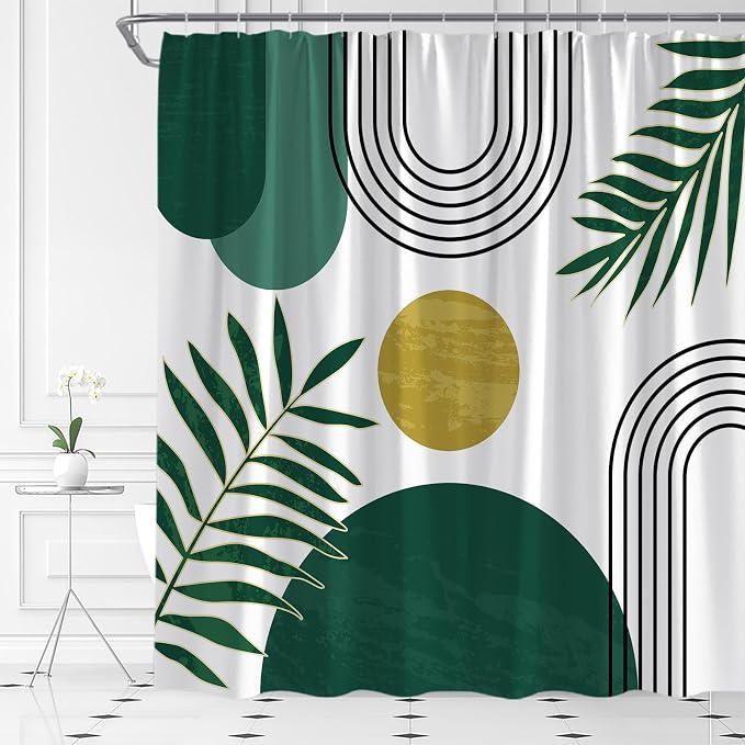 Mid Century Modern Shower Curtain Boho Green Abstract Retro Aesthetic Fabric for Bathroom Decor Bathtub with Hooks (67" WX70 H)