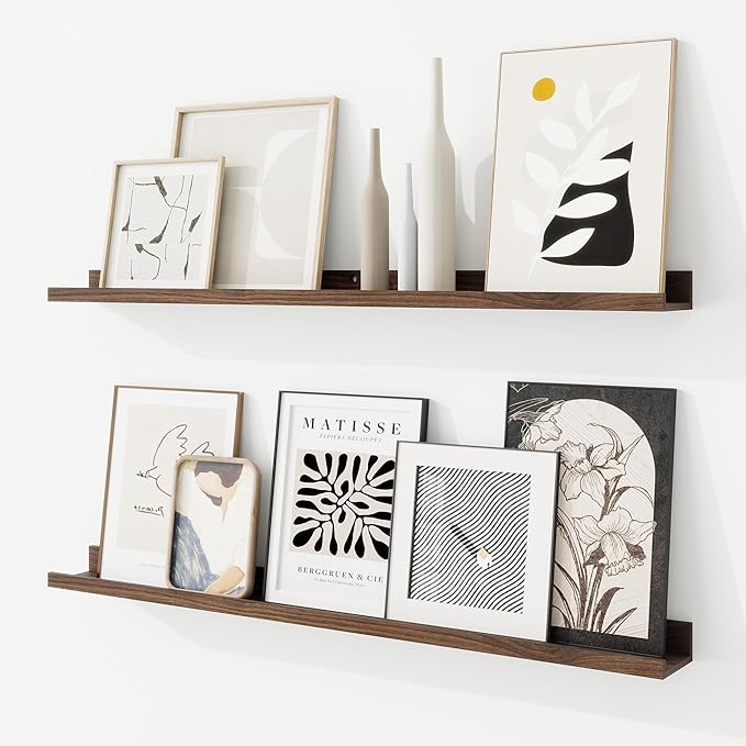 RICHFOCUS Picture Ledge Shelf, 36 inch Floating Shelves Set of 2, Wood Wall Shelves with Lip, Wall Decor Storage for Bedroom Living Room Bathroom Kitchen Nursery Photo Picture, Walnut