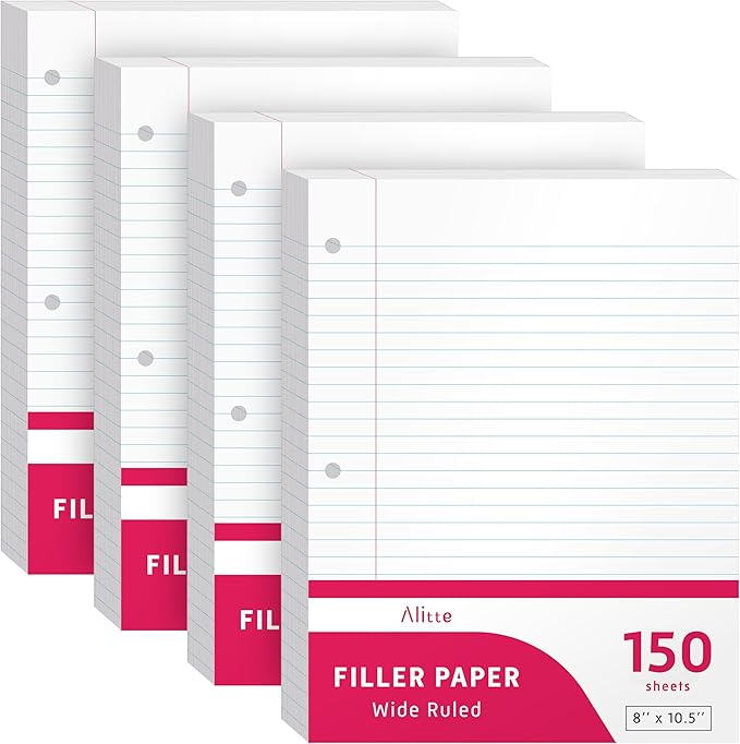 Alitte Loose Leaf Paper, Wide Ruled, 600 Sheets (150/Pack) Filler Paper for Writing Notes - School, College, Office - 3 Hole-Punch Lined Sheets for Ring Binders, Pocket Folders - White, 8 x 10.5